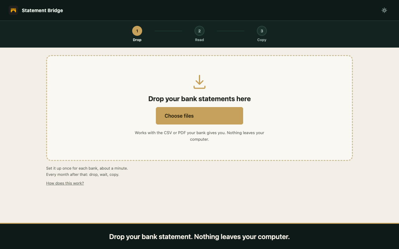 Dropping a bank statement file into Statement Bridge
