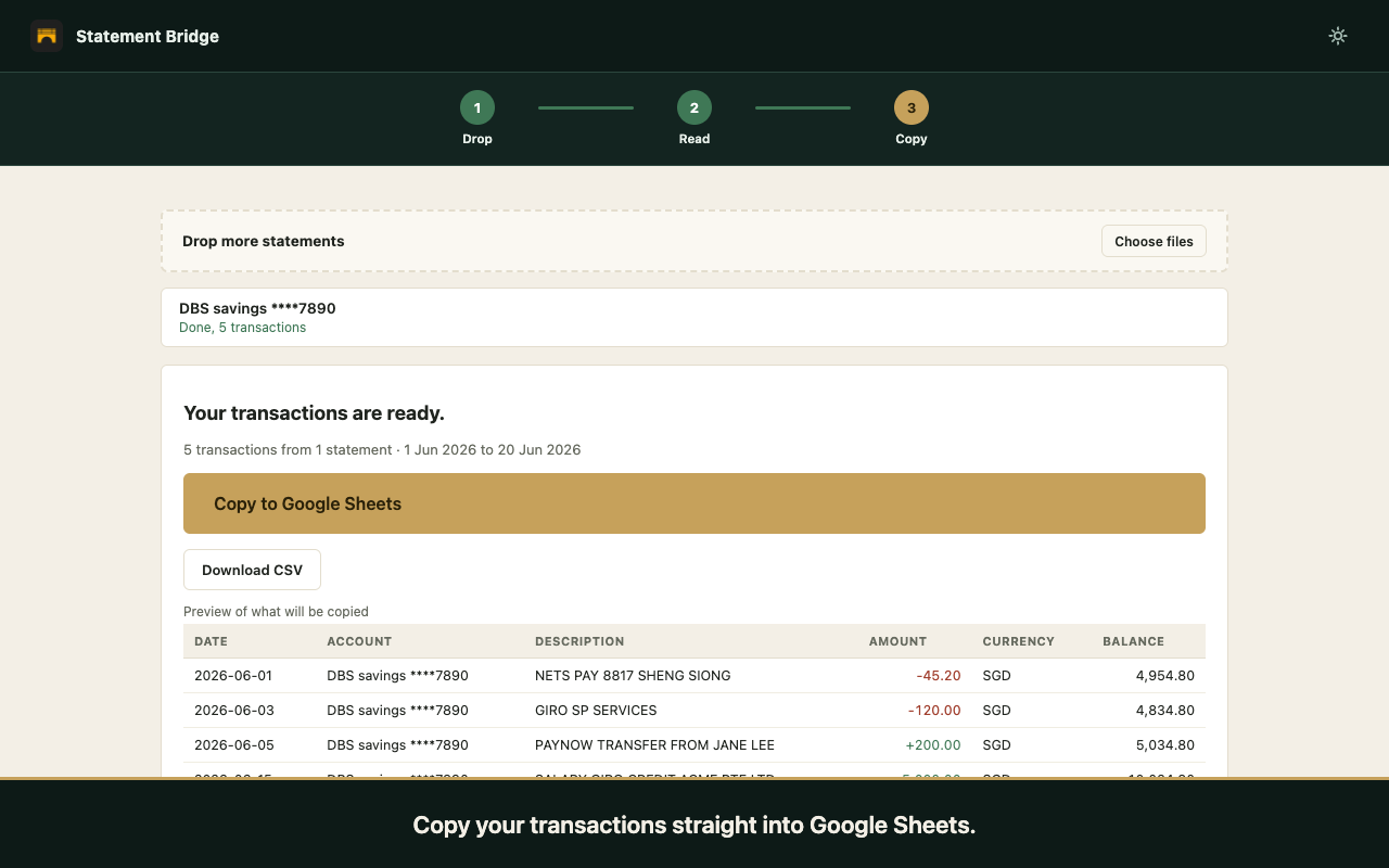 Statement Bridge result with a Copy to Google Sheets button