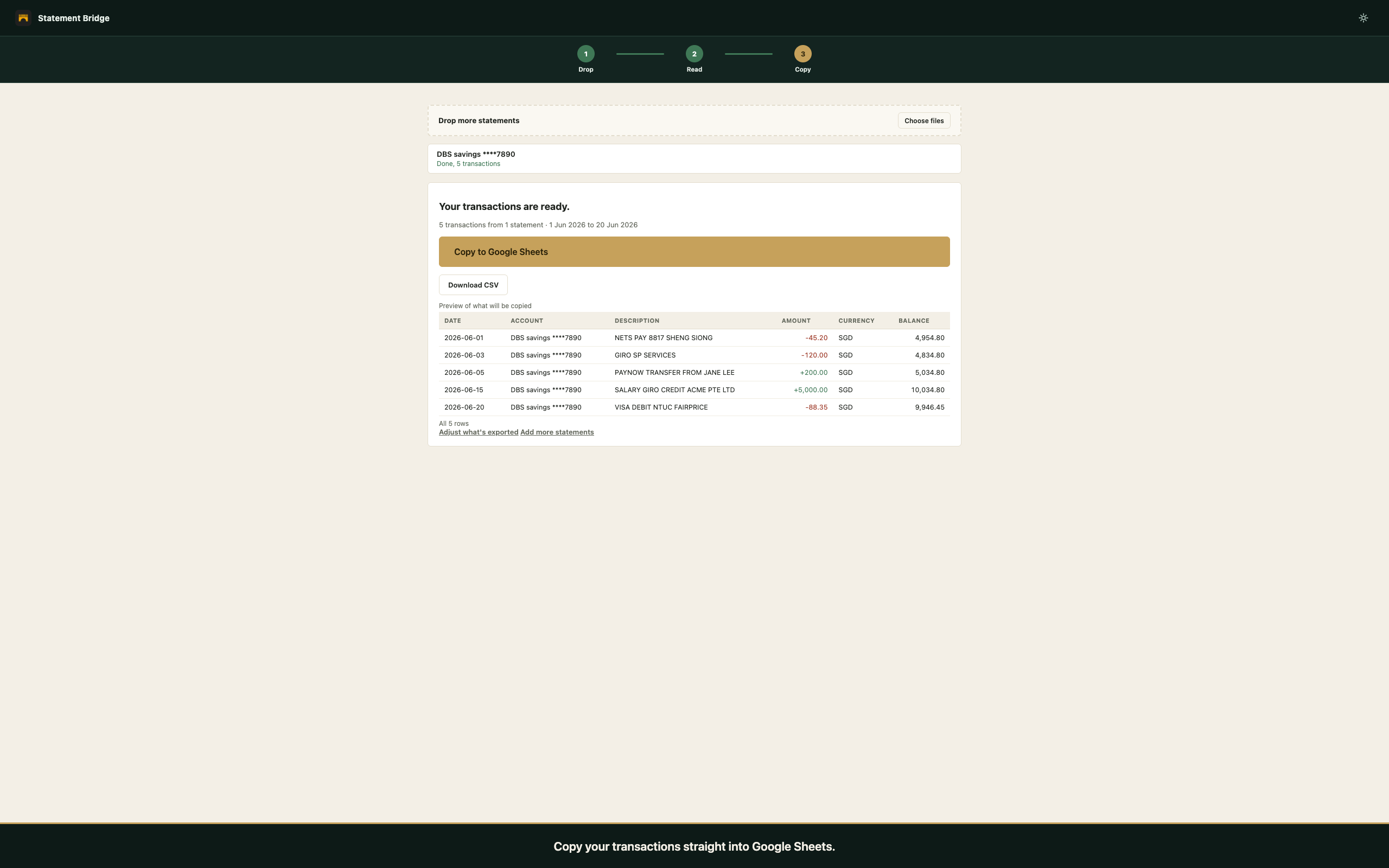 Statement Bridge showing 546 transactions ready, with a Copy to Google Sheets button