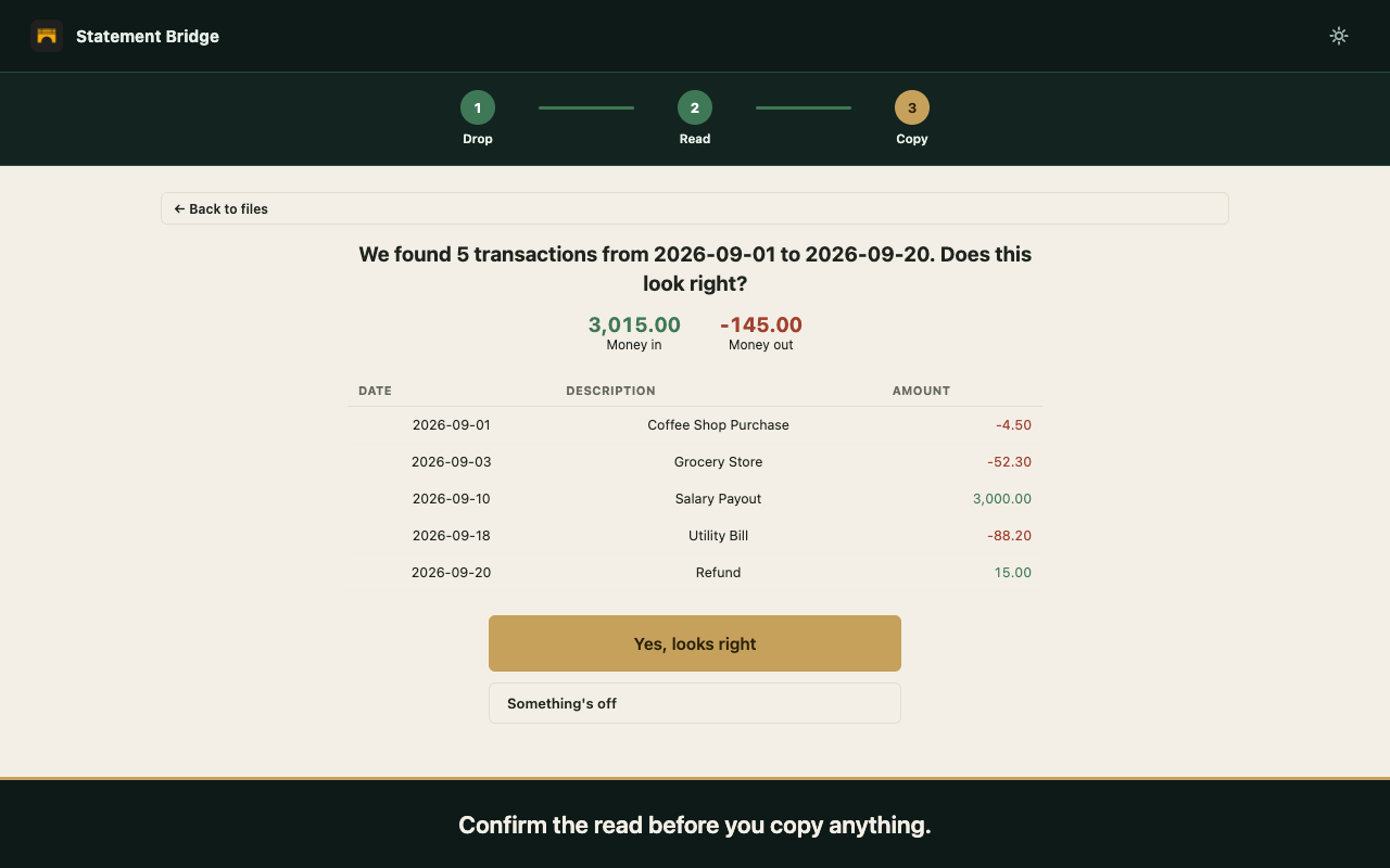 Statement Bridge asking the user to confirm a row looks right