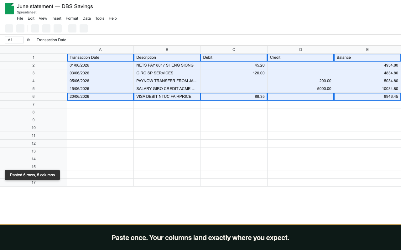 Rows from a bank statement pasted into a spreadsheet